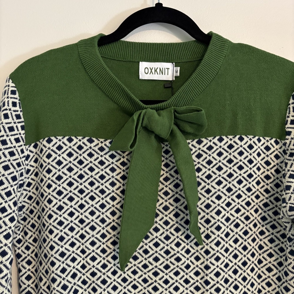 NWT OXKNIT 100% Cotton Green Patterned Bow Neck Knit Sweater Size M Preppy Twee - Picture 4 of 10